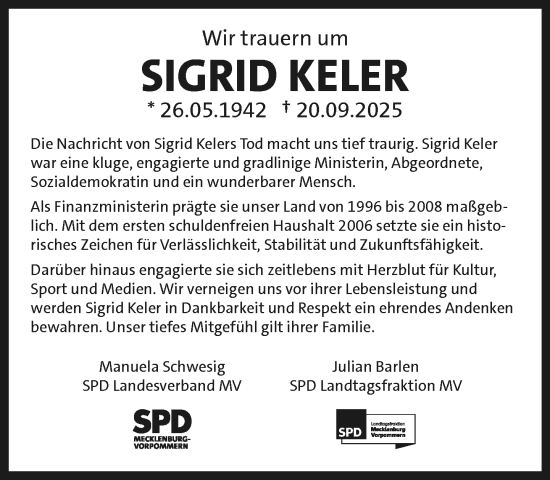 Traueranzeige von Sigrid Keler von Region MV