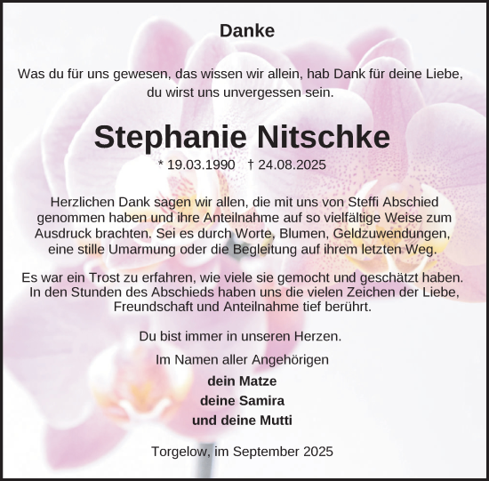 Traueranzeige von Stephanie Nitschke von Nordkurier Haff-Zeitung