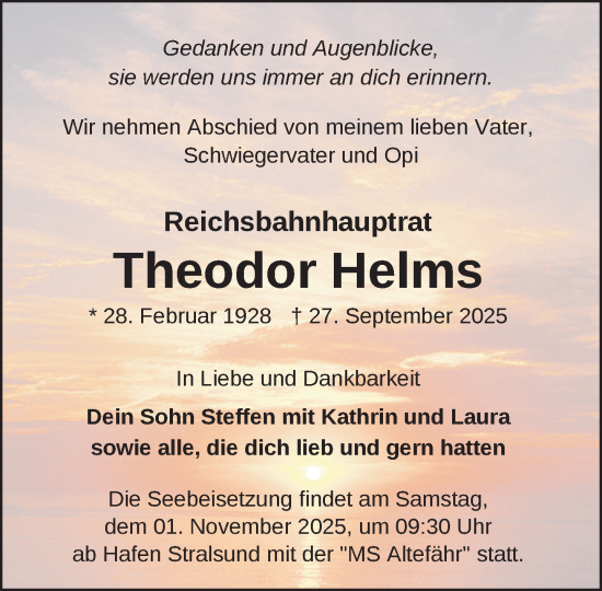 Traueranzeige von Theodor Helms von Zeitung für die Landeshauptstadt