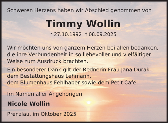 Traueranzeige von Timmy Wollin von Uckermark Kurier Prenzlauer Zeitung