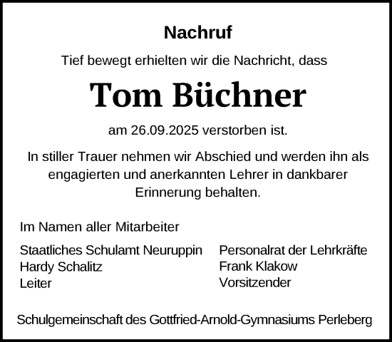 Traueranzeige von Tom Büchner von Der Prignitzer