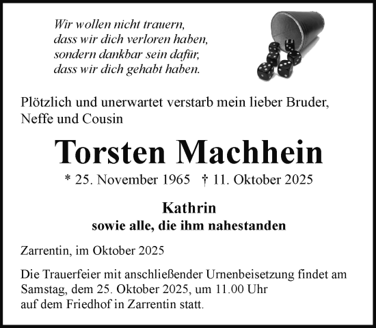 Traueranzeige von Torsten Machhein von Hagenower Kreisblatt