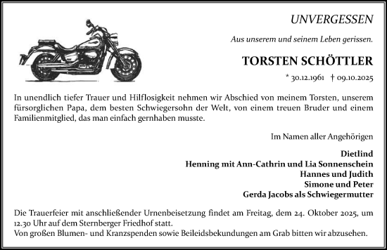 Traueranzeige von Torsten Schöttler von Anzeiger für Sternberg - Brüel - Warin
