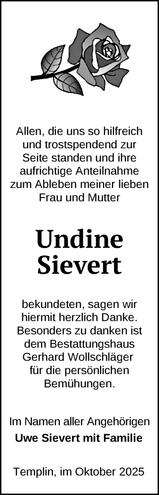 Traueranzeige von Undine Sievert von Uckermark Kurier Templiner Zeitung
