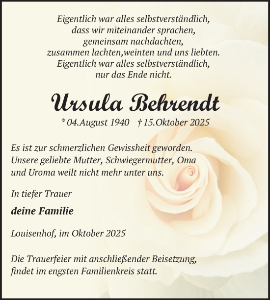 Traueranzeige von Ursula Behrendt von Nordkurier Haff-Zeitung