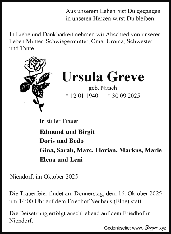 Traueranzeige von Ursula Greve von Hagenower Kreisblatt