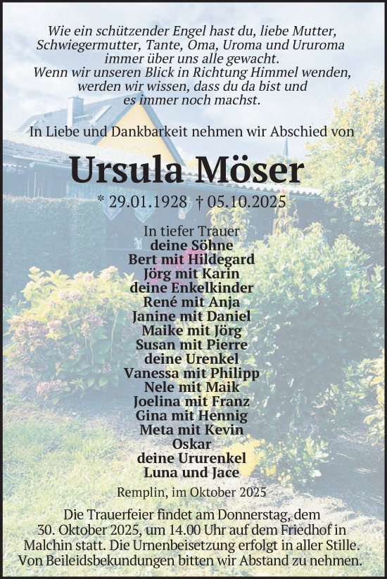 Traueranzeige von Ursula Möser von Nordkurier Mecklenburger Schweiz