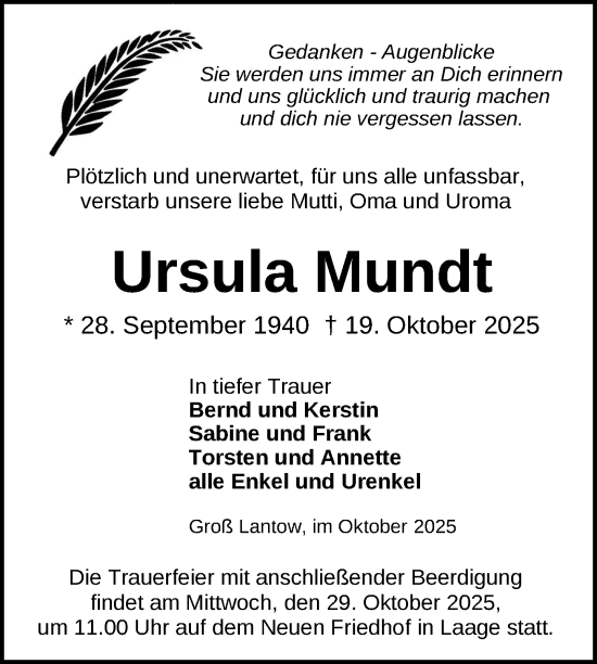 Traueranzeige von Ursula Mundt von Güstrow und Bützow