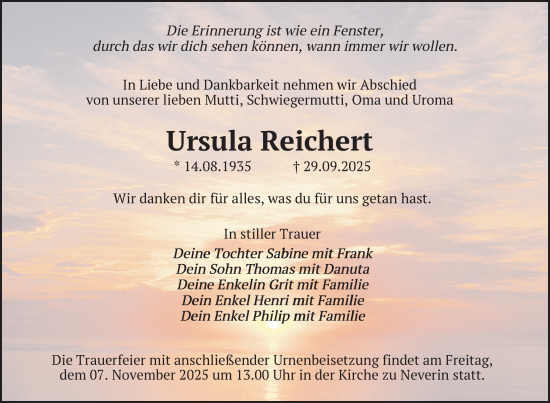 Traueranzeige von Ursula Reichert von Nordkurier Neubrandenburger Zeitung