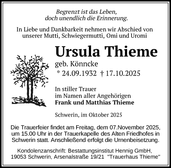 Traueranzeige von Ursula Thieme von Zeitung für die Landeshauptstadt