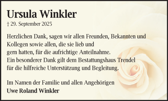 Traueranzeige von Ursula Winkler von Zeitung für die Landeshauptstadt