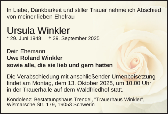 Traueranzeige von Ursula Winkler von Zeitung für die Landeshauptstadt