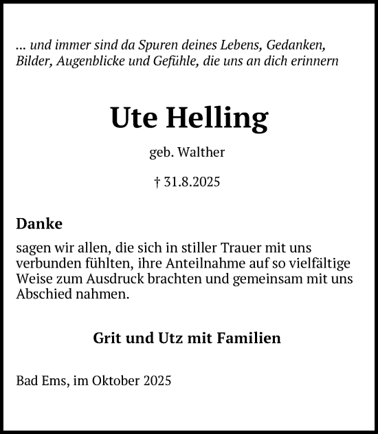 Traueranzeige von Ute Helling von Güstrow und Bützow