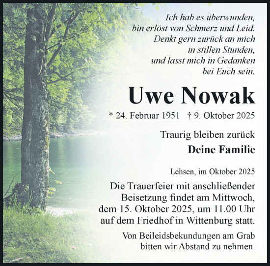 Traueranzeige von Uwe Nowak von Hagenower Kreisblatt