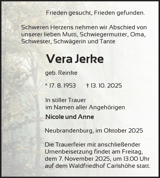 Traueranzeige von Vera Jerke von Nordkurier Neubrandenburger Zeitung