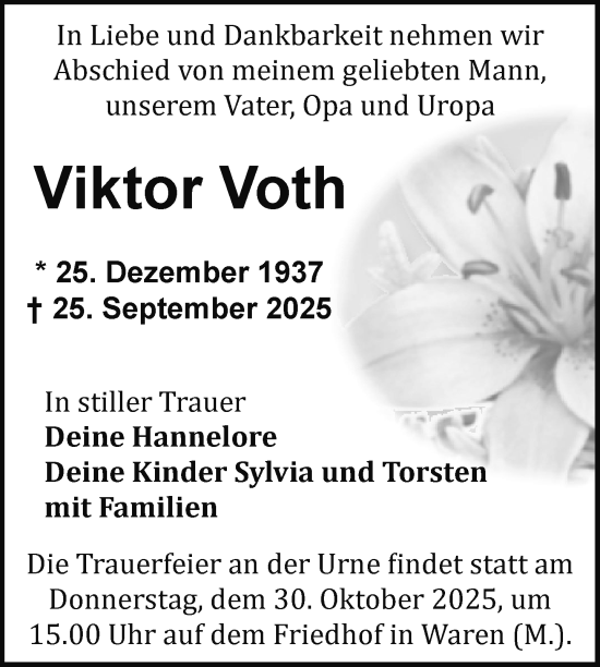 Traueranzeige von Viktor Voth von Nordkurier Müritz-Zeitung