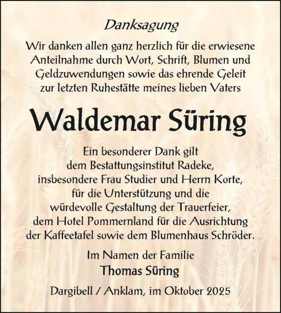 Traueranzeige von Waldemar Süring von Nordkurier Vorpommern Kurier