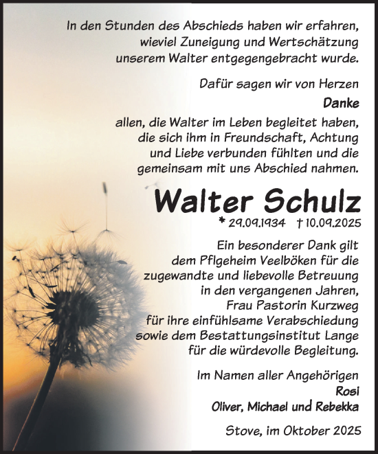 Traueranzeige von Walter Schulz von Gadebusch - Rehnaer Zeitung