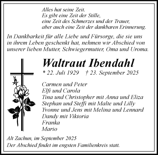 Traueranzeige von Waltraut Ibendahl von Hagenower Kreisblatt