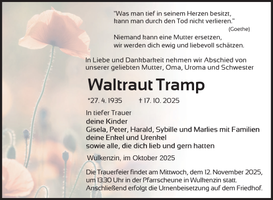 Traueranzeige von Waltraut Tramp von Nordkurier Neubrandenburger Zeitung
