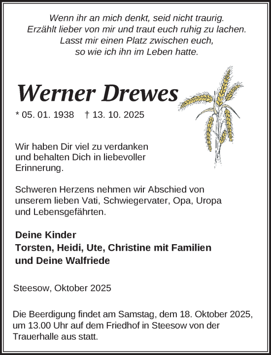 Traueranzeige von Werner Drewes von Ludwigsluster Tageblatt