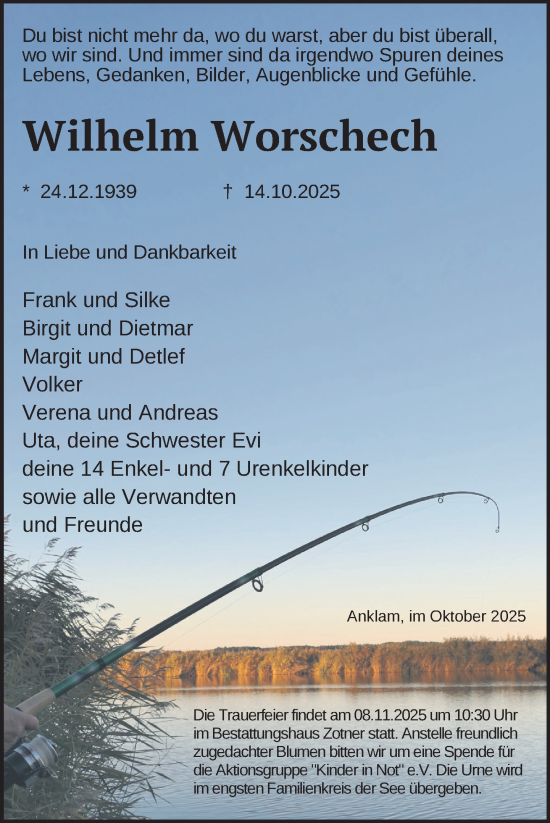 Traueranzeige von Wilhelm Worschech von Nordkurier Vorpommern Kurier
