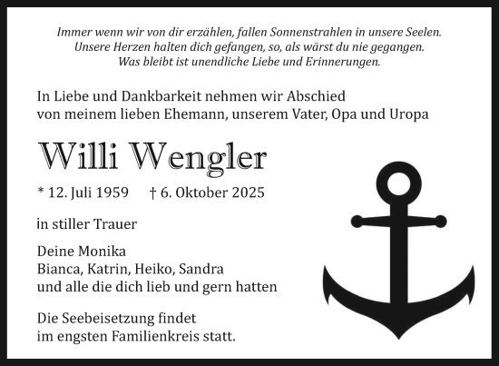 Traueranzeige von Willi Wengler von Nordkurier Haff-Zeitung