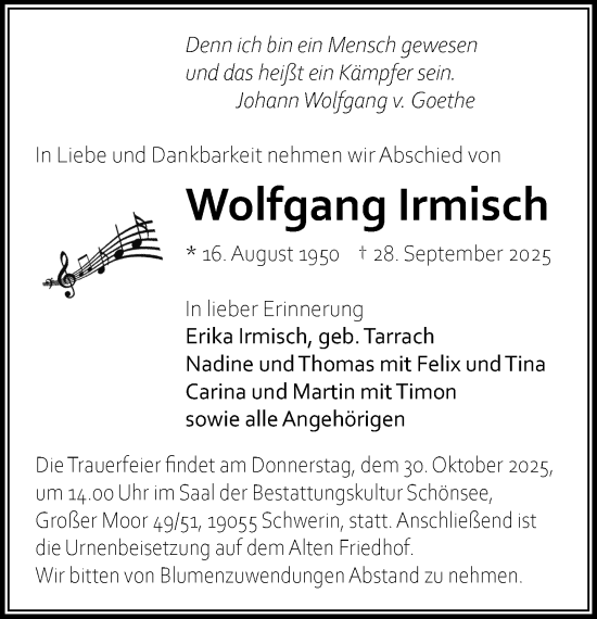 Traueranzeige von Wolfgang Irmisch von Zeitung für die Landeshauptstadt