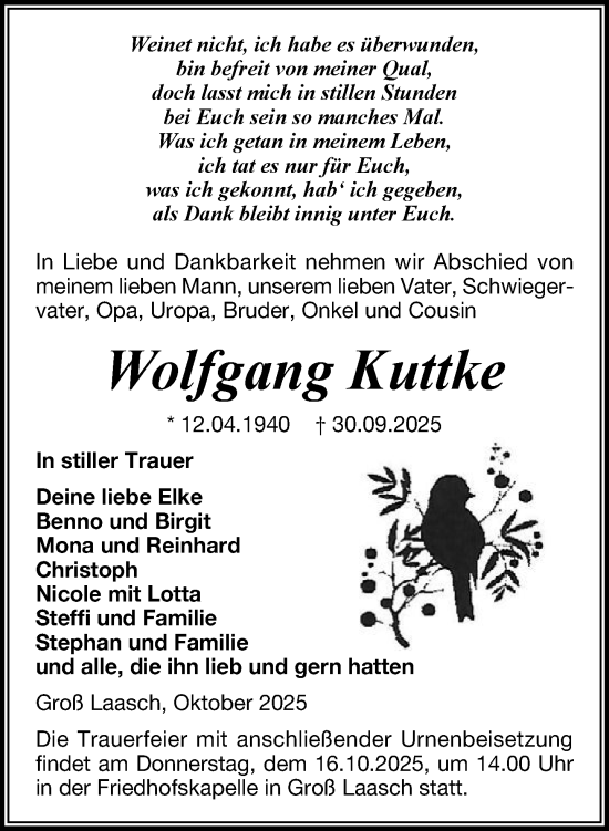 Traueranzeige von Wolfgang Kuttke von Ludwigsluster Tageblatt