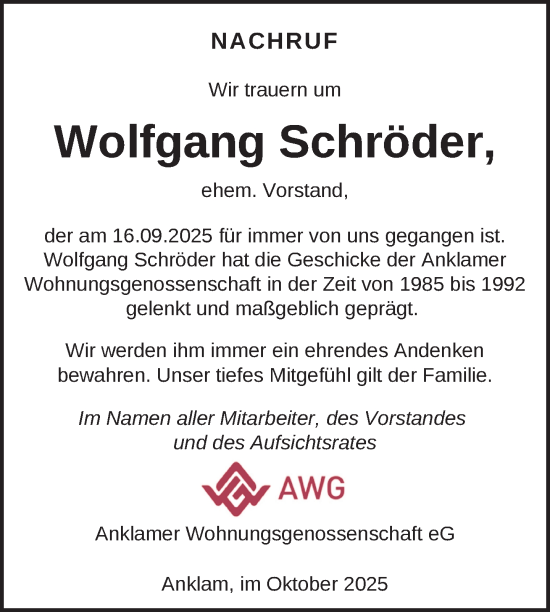 Traueranzeige von Wolfgang Schröder von Nordkurier Vorpommern Kurier