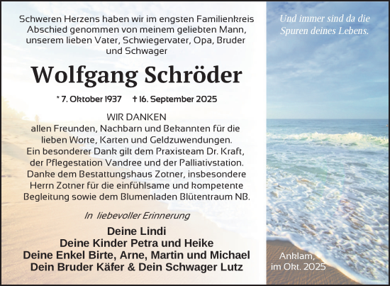Traueranzeige von Wolfgang Schröder von Nordkurier Vorpommern Kurier