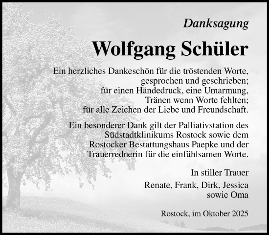 Traueranzeige von Wolfgang Schüler von Norddeutsche Neueste Nachrichten