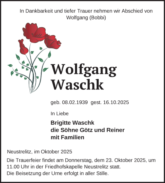 Traueranzeige von Wolfgang Waschk von Nordkurier Strelitzer Zeitung