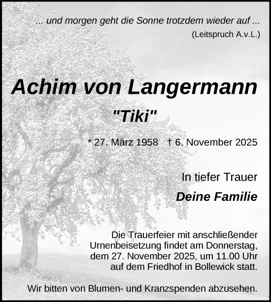 Traueranzeige von Achim von Langermann von Nordkurier Müritz-Zeitung