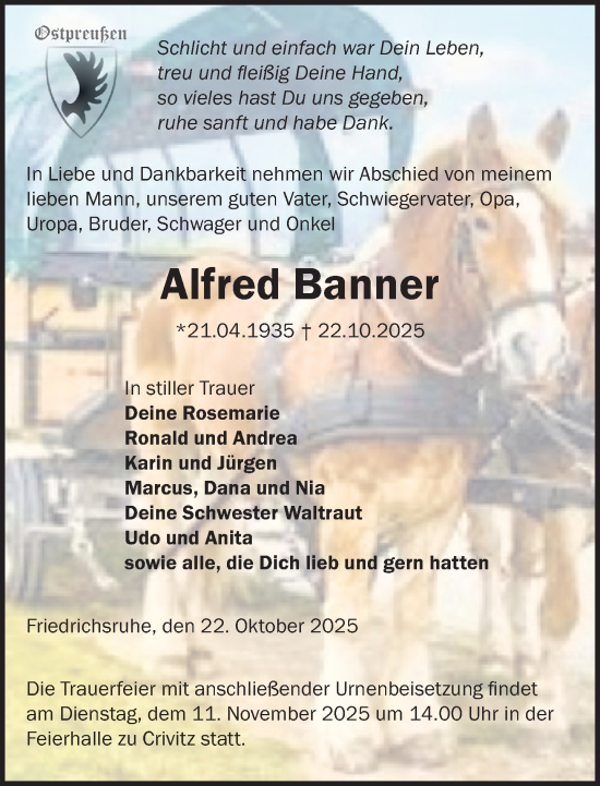Traueranzeige von Alfred Banner von Parchim und Lübz