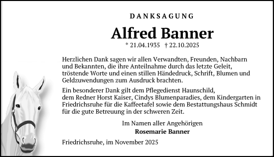 Traueranzeige von Alfred Banner von Parchim und Lübz