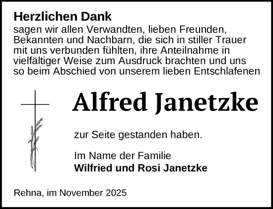 Traueranzeige von Alfred Janetzke von Gadebusch - Rehnaer Zeitung