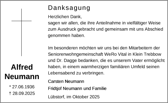 Traueranzeige von Alfred Neumann von Zeitung für die Landeshauptstadt