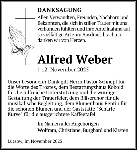 Traueranzeige von Alfred Weber von Gadebusch - Rehnaer Zeitung