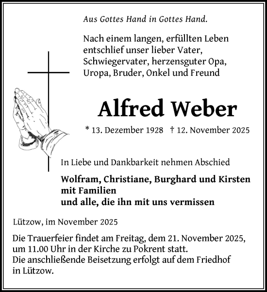 Traueranzeige von Alfred Weber von Gadebusch - Rehnaer Zeitung