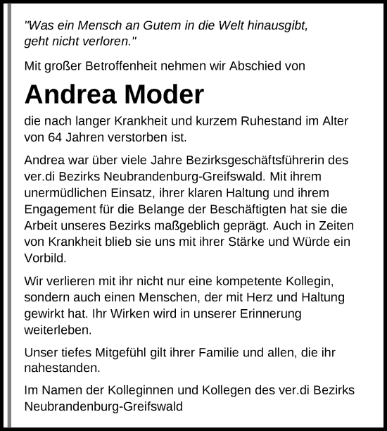 Traueranzeige von Andrea Moder von Nordkurier Neubrandenburger Zeitung
