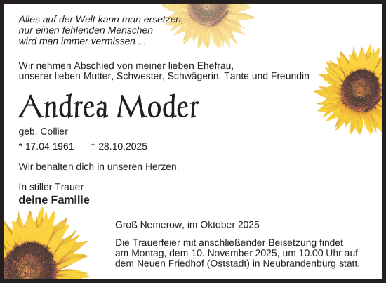 Traueranzeige von Andrea Moder von Nordkurier Neubrandenburger Zeitung