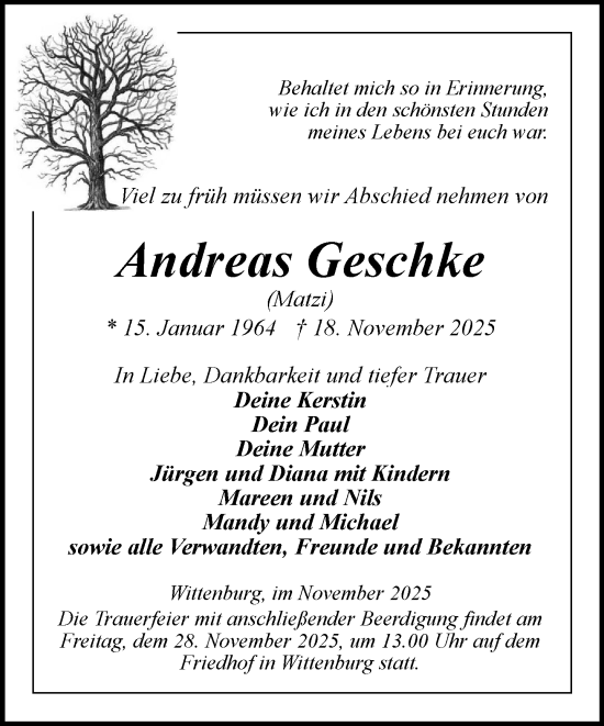 Traueranzeige von Andreas Geschke von Hagenower Kreisblatt