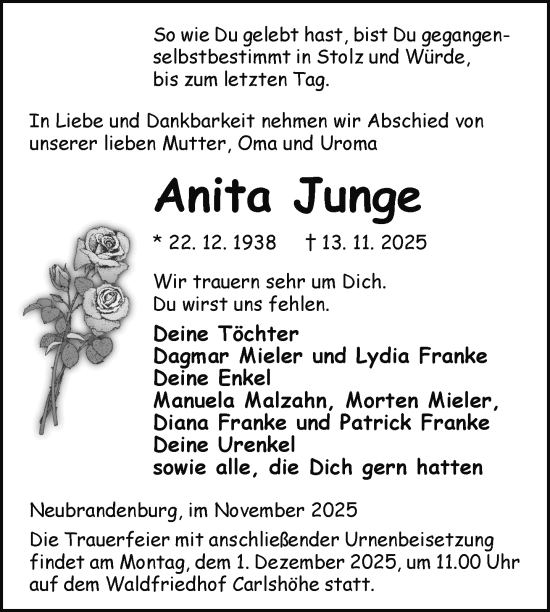 Traueranzeige von Anita Junge von Nordkurier Neubrandenburger Zeitung