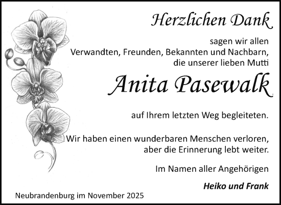 Traueranzeige von Anita Pasewalk von Nordkurier Neubrandenburger Zeitung