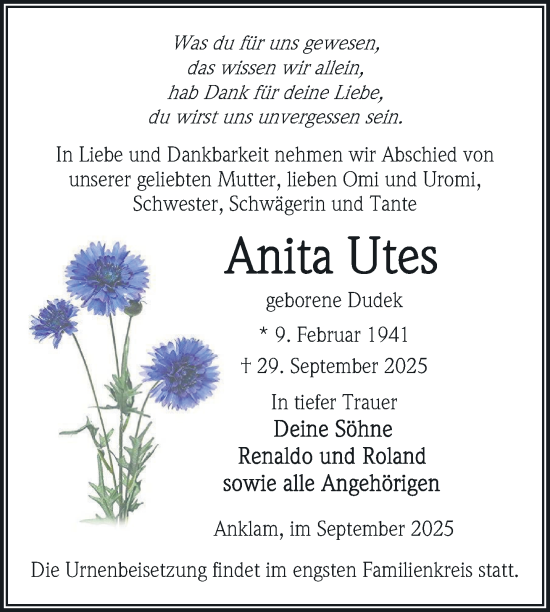 Traueranzeige von Anita Utes von Nordkurier Vorpommern Kurier