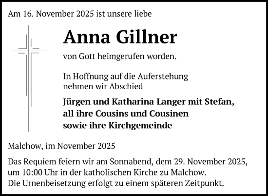 Traueranzeige von Anna Gillner von Nordkurier Müritz-Zeitung