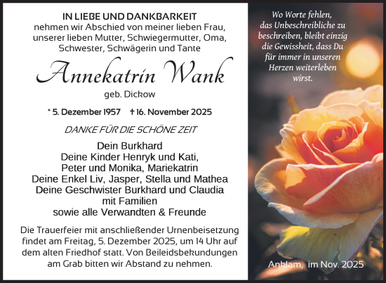 Traueranzeige von Annekatrin Wank von Nordkurier Vorpommern Kurier