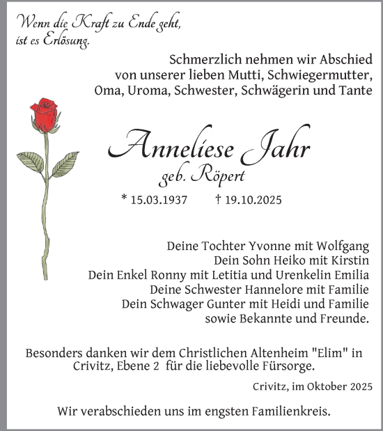 Traueranzeige von Anneliese Jahr von Zeitung für die Landeshauptstadt