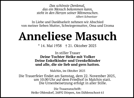 Traueranzeige von Anneliese Masuch von Nordkurier Mecklenburger Schweiz